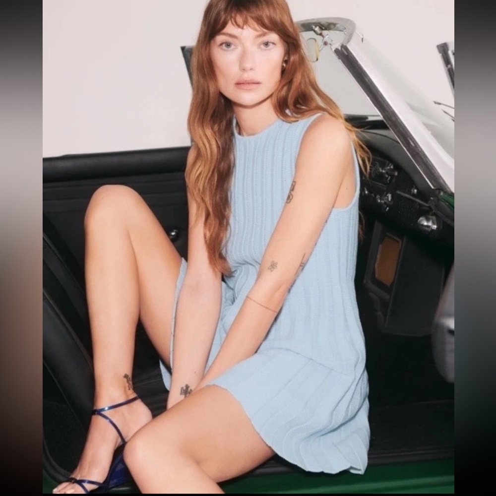 Reformation Blue Ezra Knit Accordion Mini Dress Preppy Size S